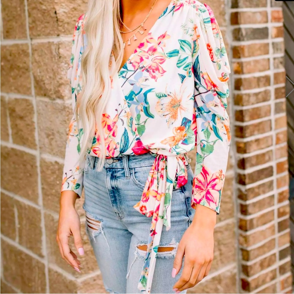 Willow and Root Floral Surplice Mesh Blouse